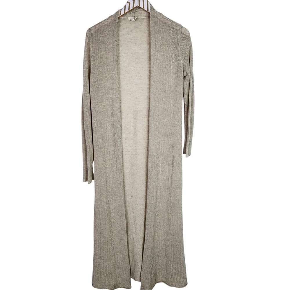 EILEEN FISHER Cardigan Womens Small Beige 100% Linen Long Duster Open Front